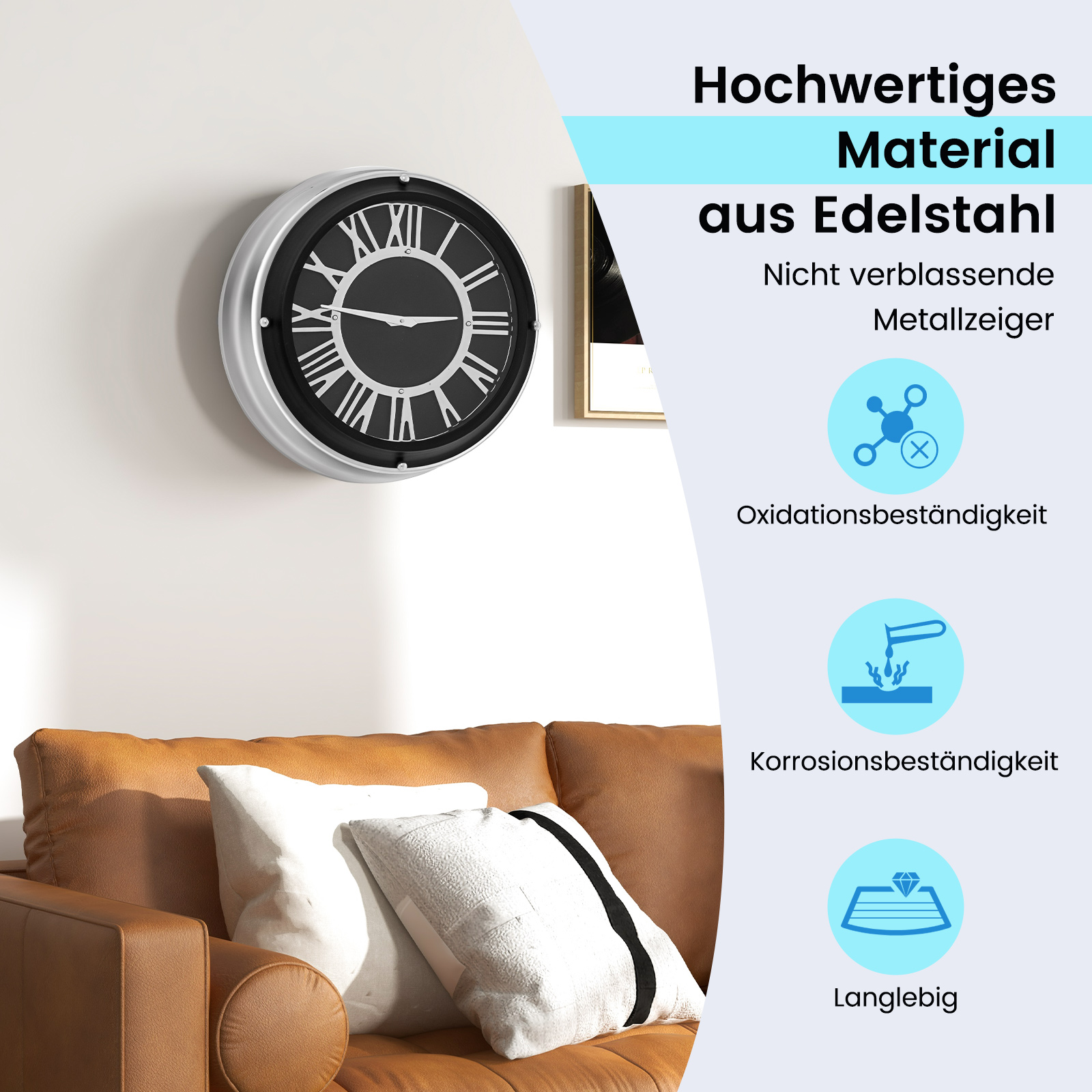 Eine Uhr an einer Wand über einem braunen Sofa, mit Text über Edelstahl.