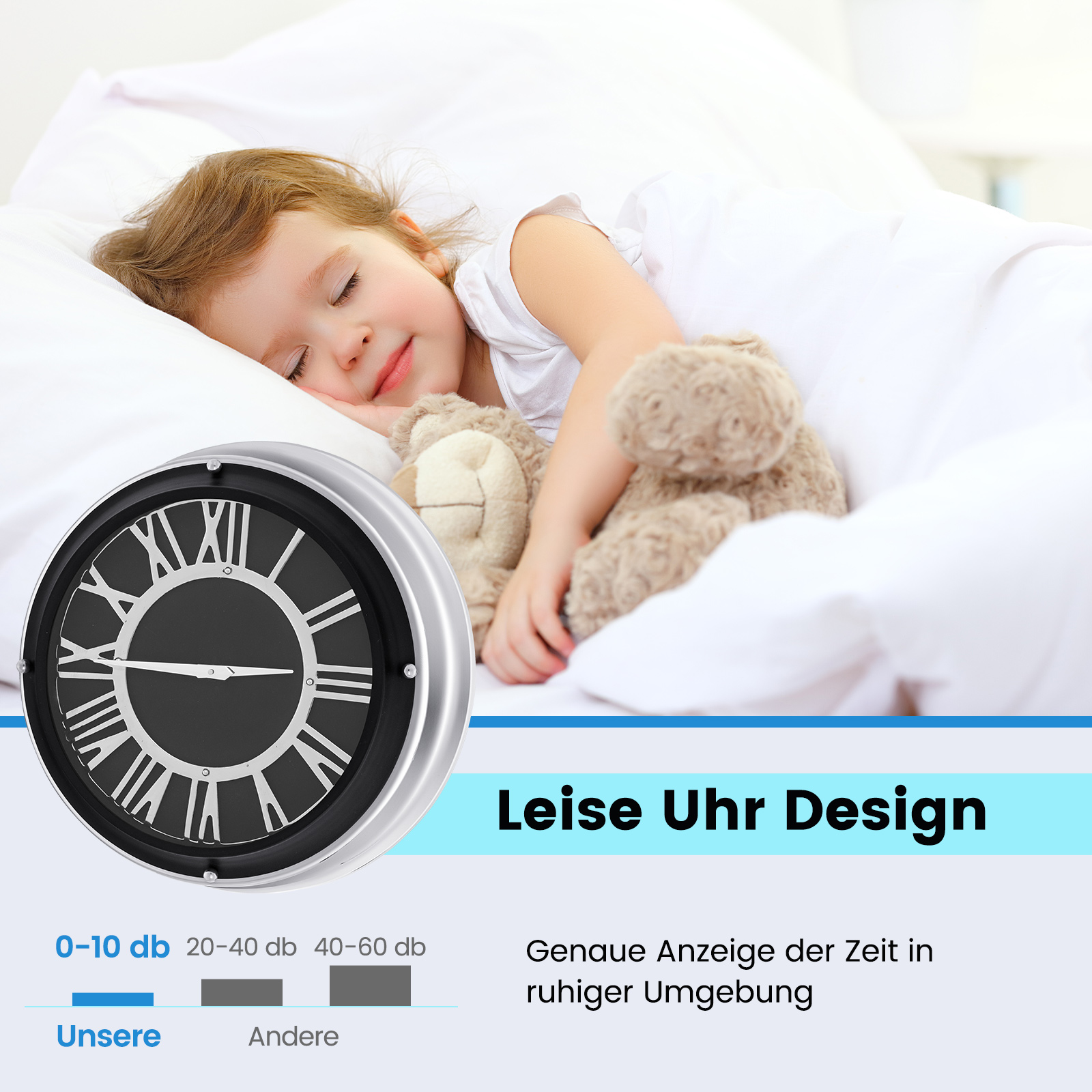 Ein schlafendes Kind mit einem Teddybären und einer Uhr. Die Uhr ist schwarz und silber.