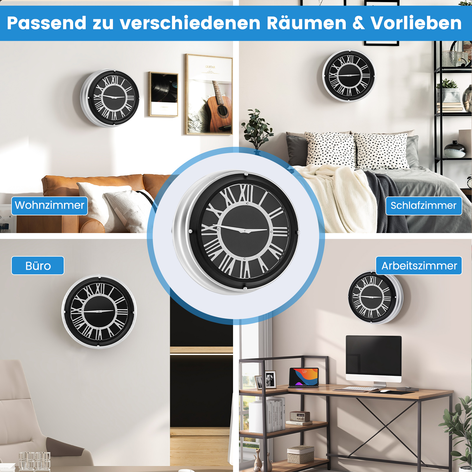 Uhren an einer Wand in verschiedenen Räumen: Wohnzimmer, Schlafzimmer, Büro und Arbeitszimmer.