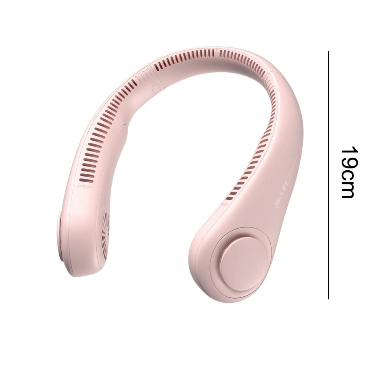Ein rosa Nackenventilator mit Maßen, isoliert auf weißem Hintergrund.