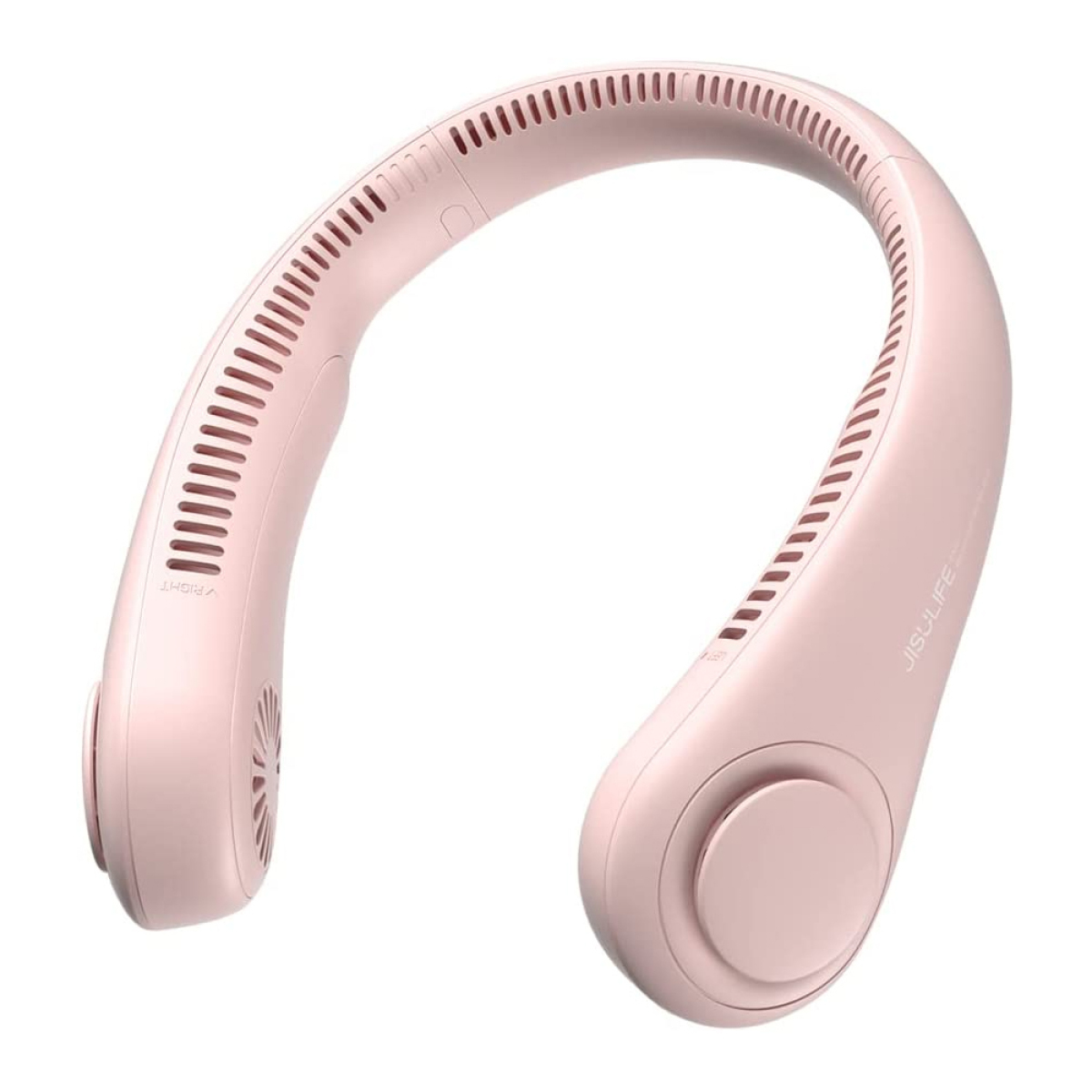 Ein rosa Nackenventilator, gebogen, um auf den Schultern zu liegen, mit Öffnungen innen.
