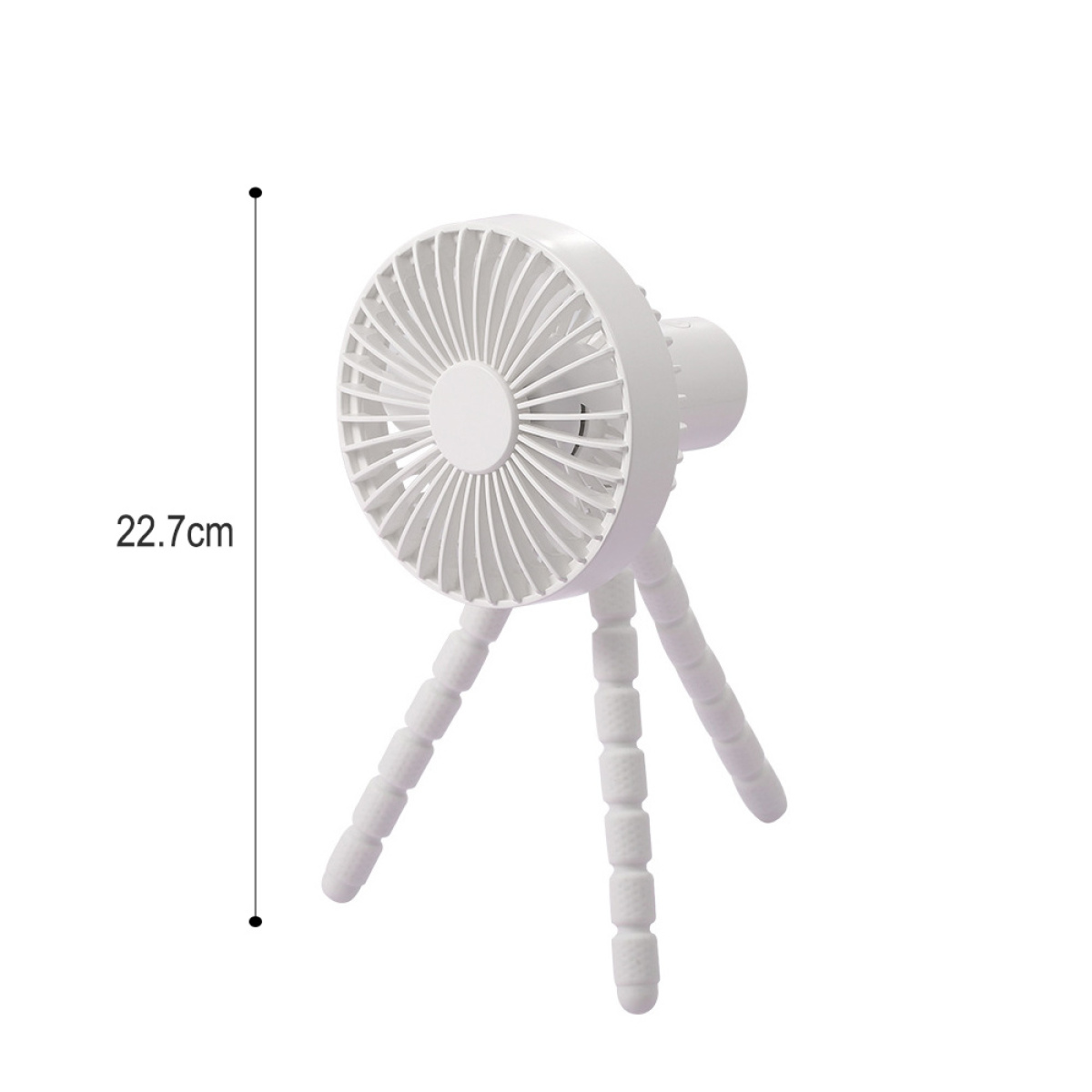 Weißer Mini-Ventilator mit Ständer. Messlinie daneben. Weißer Hintergrund.