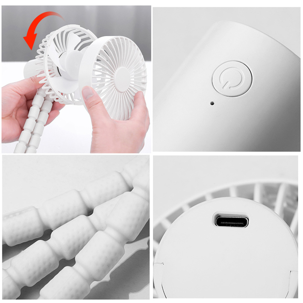 Nahaufnahme eines weißen tragbaren Ventilators. Zeigt den Ventilator und die flexible Basis.