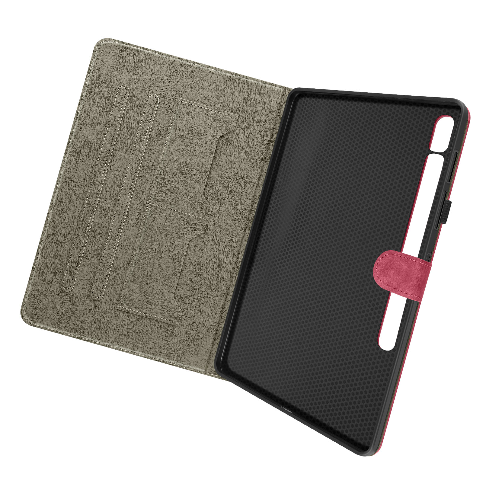 Una custodia per tablet aperta con fessure per schede. Il tablet è all'interno, tenuto da un supporto rosso.