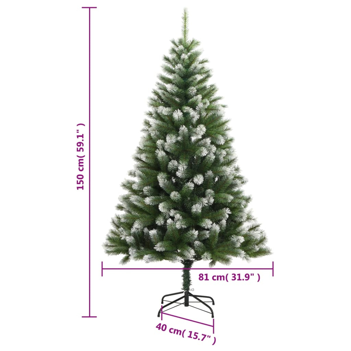 Ein grüner Weihnachtsbaum mit weiß gefrosteten Spitzen, einem schwarzen Ständer und Maßangaben.