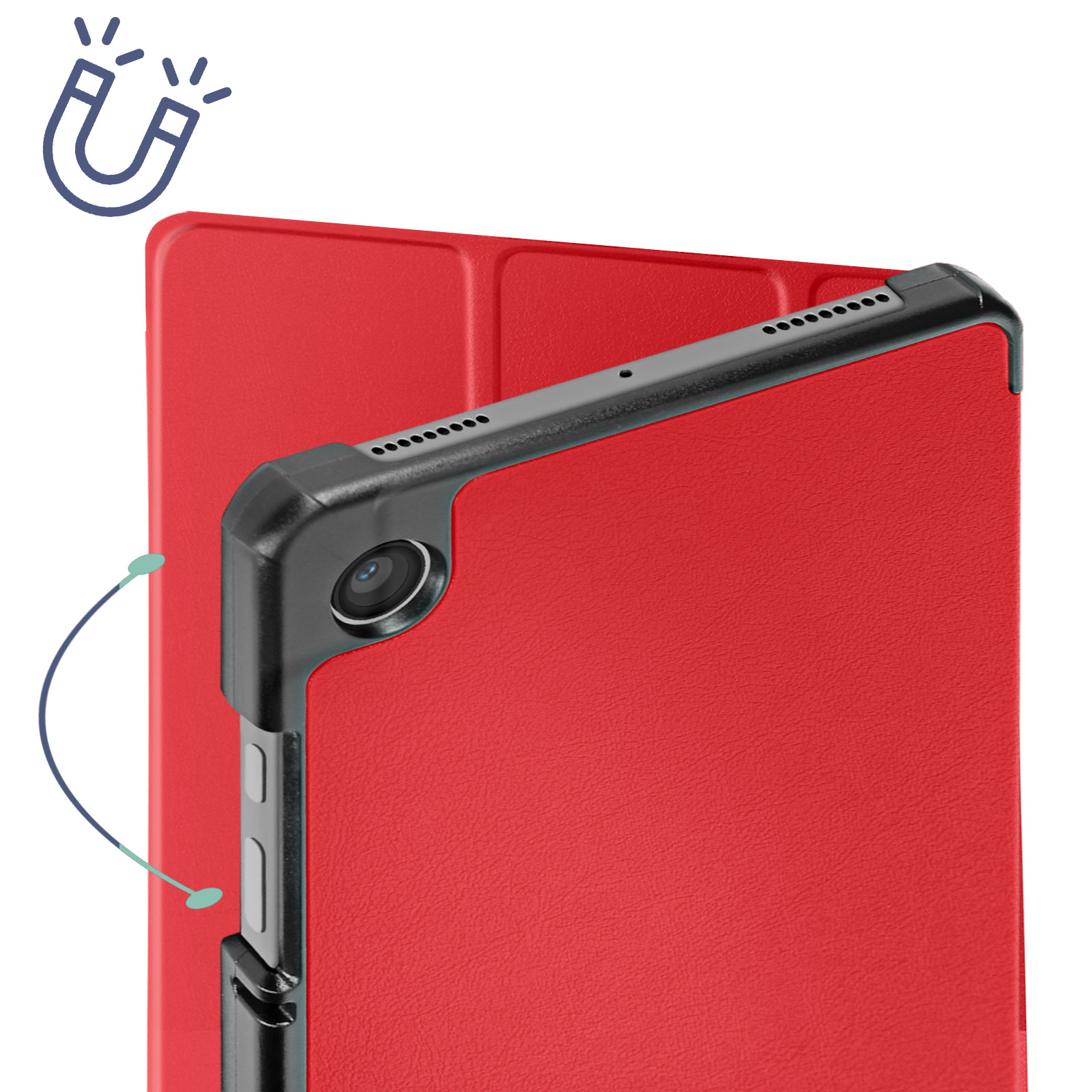 Custodia rossa per tablet con cornice nera, angolata. Un'icona magnetica è in alto a sinistra.