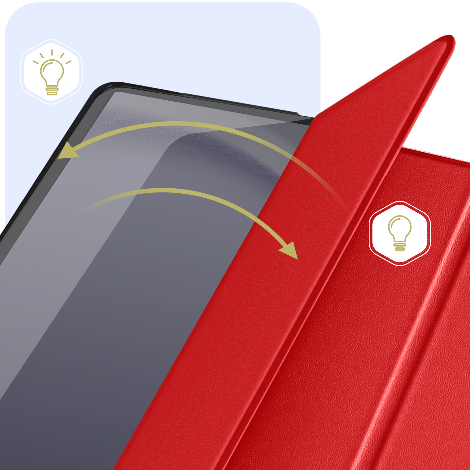 Custodia per tablet rossa, con un effetto luce animato che mostra lo schermo del tablet.