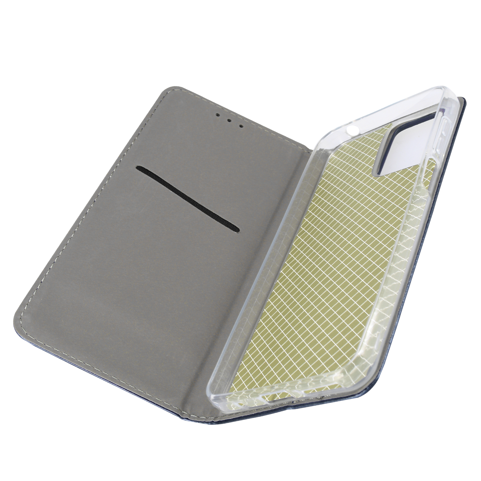 Geöffnete Handyhülle mit klarer Handyhalterung und grauem Cover, zeigt ein Handy.