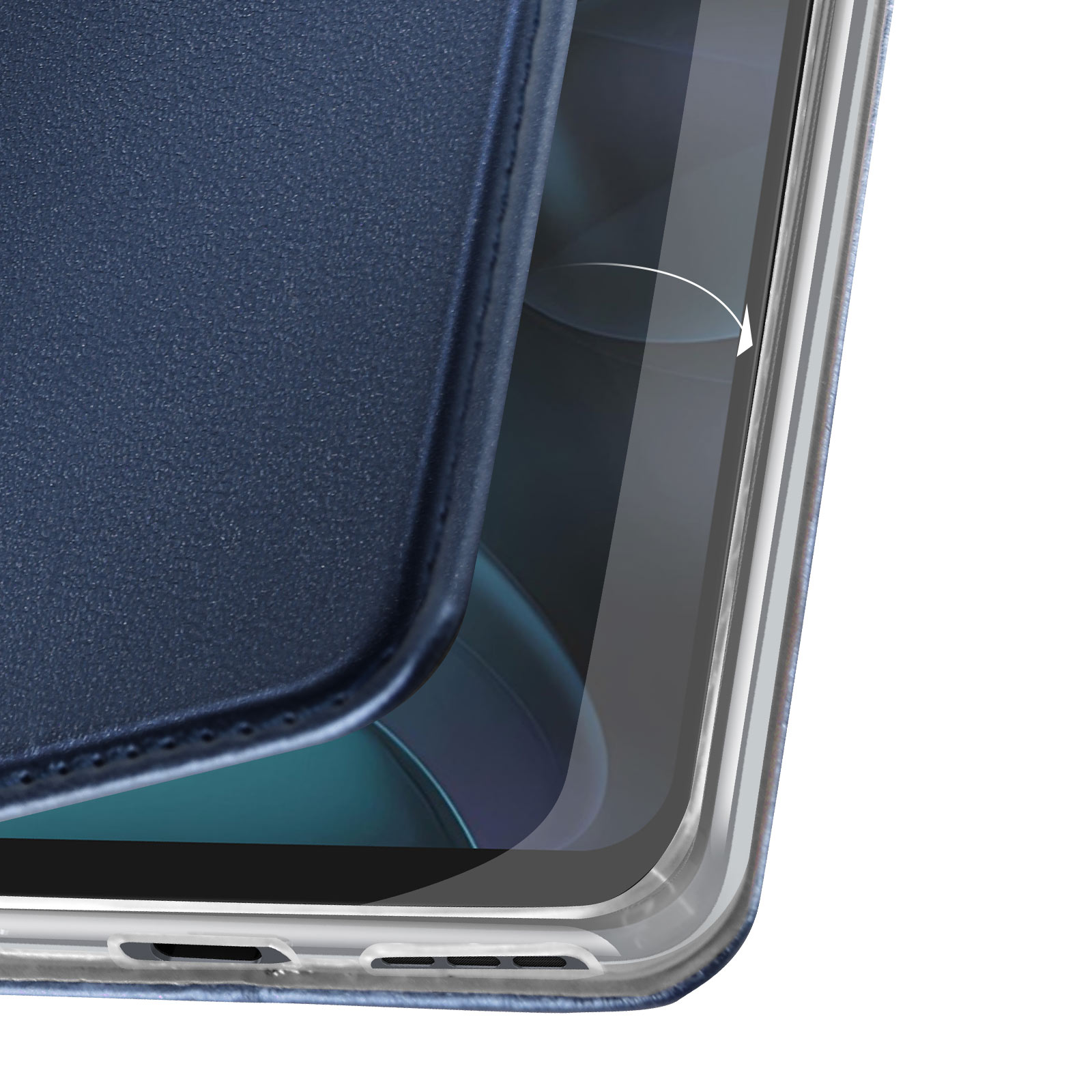 Eine blaue Leder-Handyhülle mit Displayschutzfolie am Telefon.
