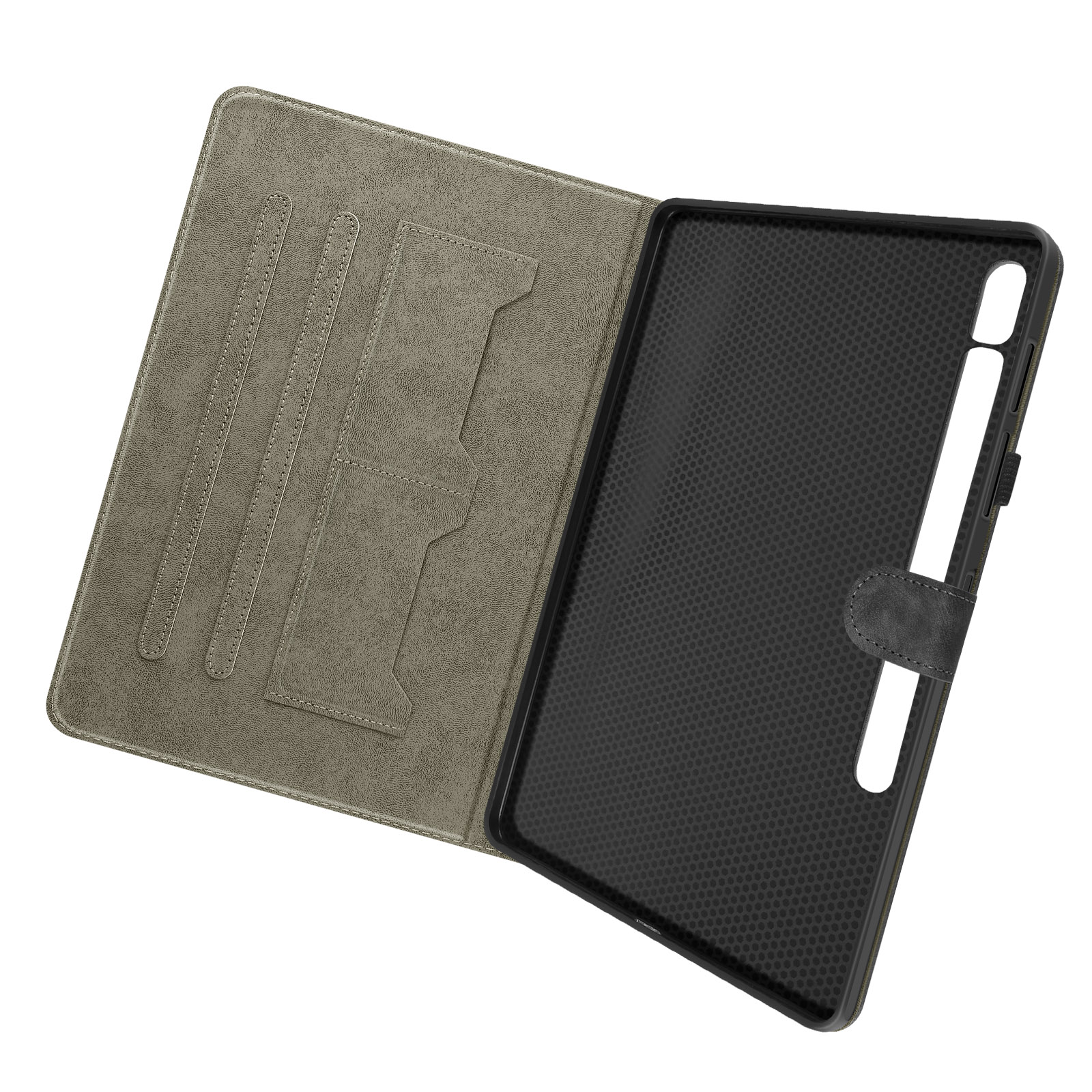 Custodia per tablet aperta, che mostra l'interno. Ha fessure per carte e un supporto per tablet nero strutturato.
