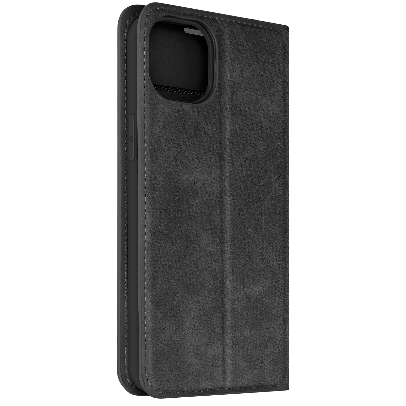 Custodia per telefono in pelle nera. Aperta per rivelare l'alloggiamento del telefono. La custodia ha una chiusura magnetica.