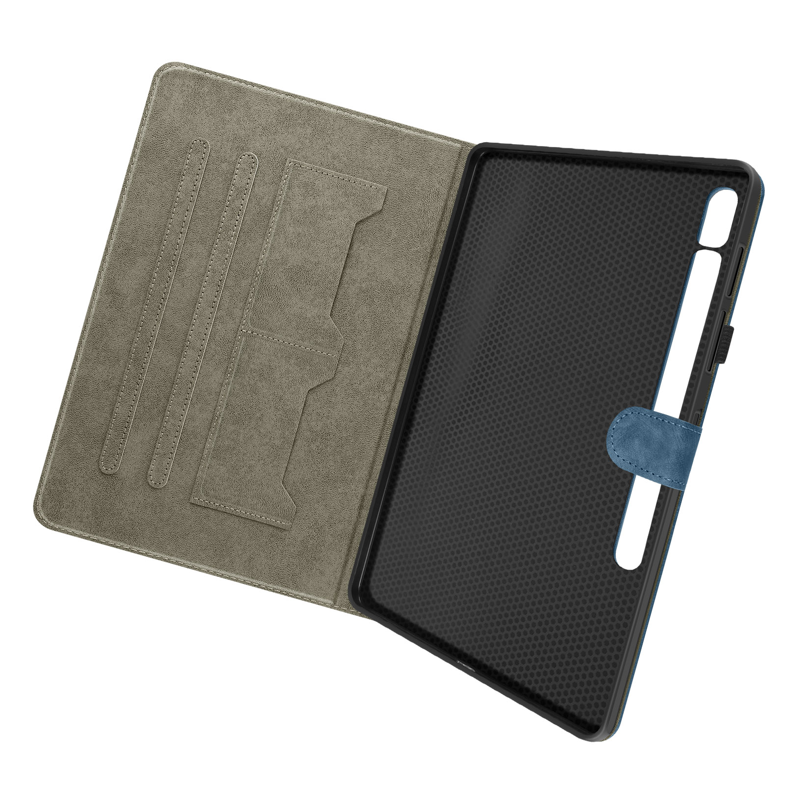 Custodia per tablet aperta. Esterno grigio, interno blu con fessure per carte e tablet.