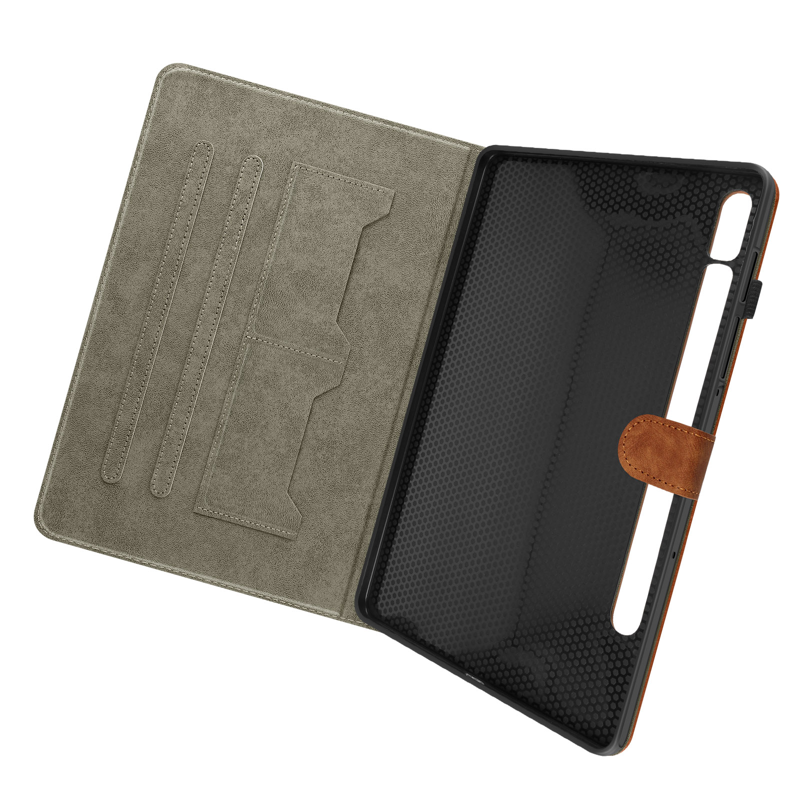 Custodia per tablet, aperta, con fessure per carte e interno nero con cinturino in pelle.