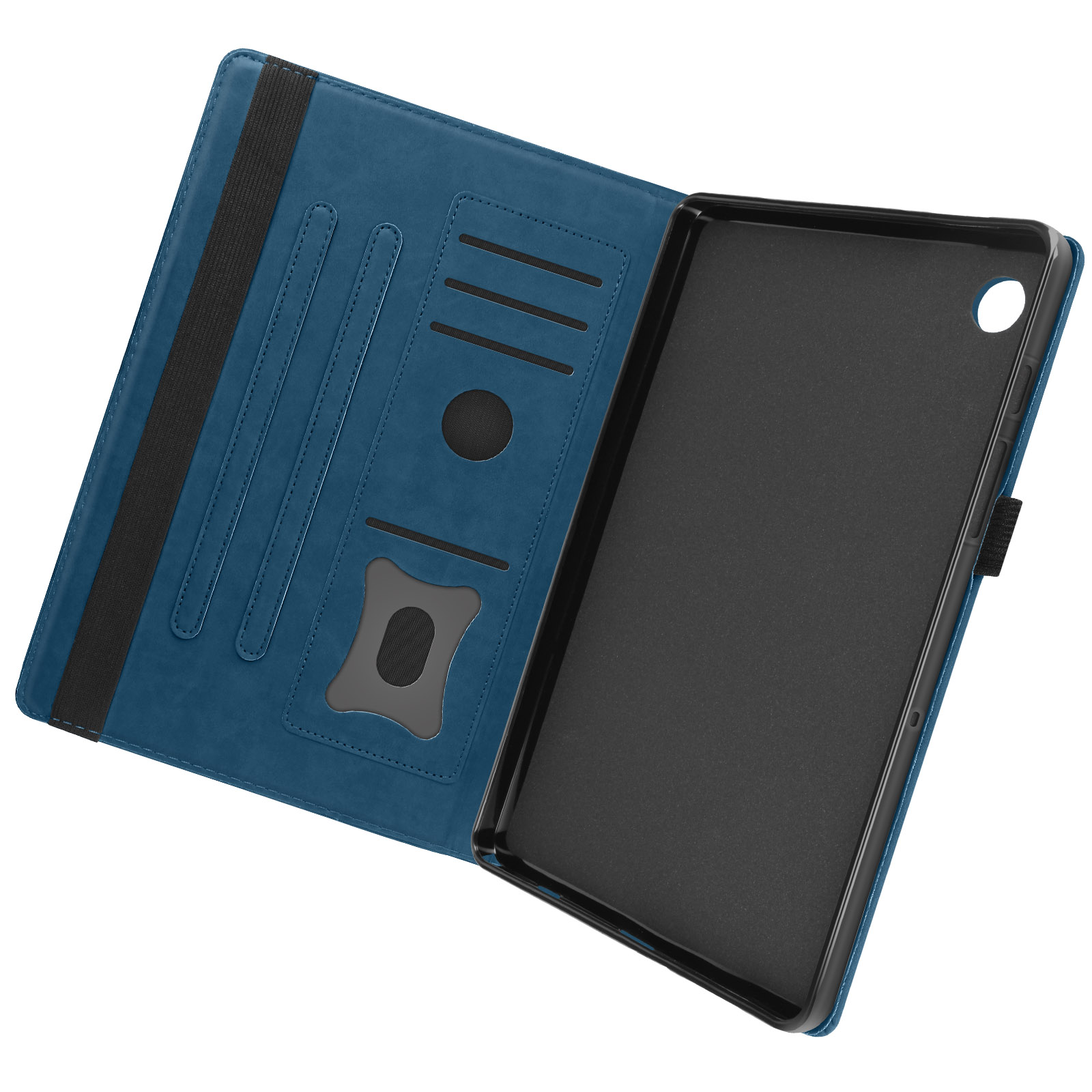 Custodia per tablet blu aperta con tablet all'interno. Interno nero, esterno blu.