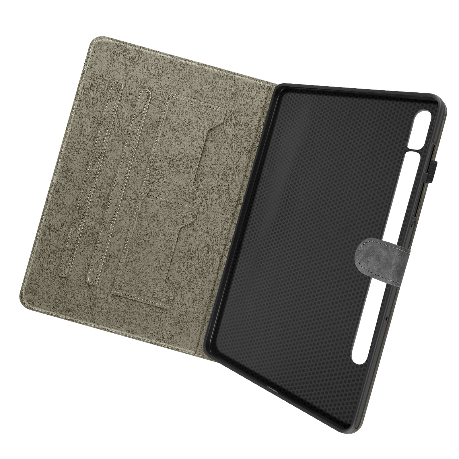 Custodia per tablet grigia aperta, che mostra l'interno con fessure per carte e tablet nero.