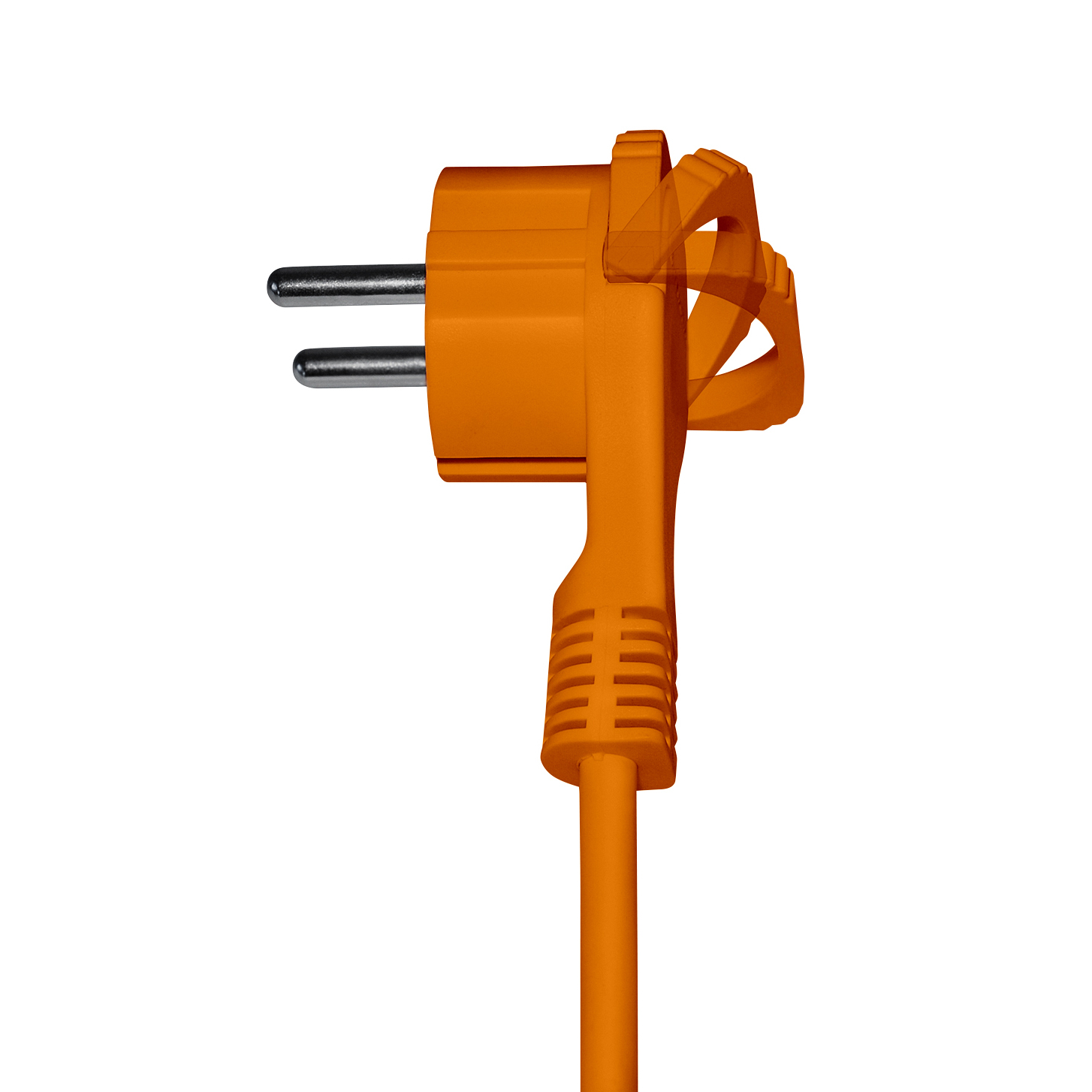 Oranger Netzstecker mit Kabel, isoliert auf weißem Hintergrund.