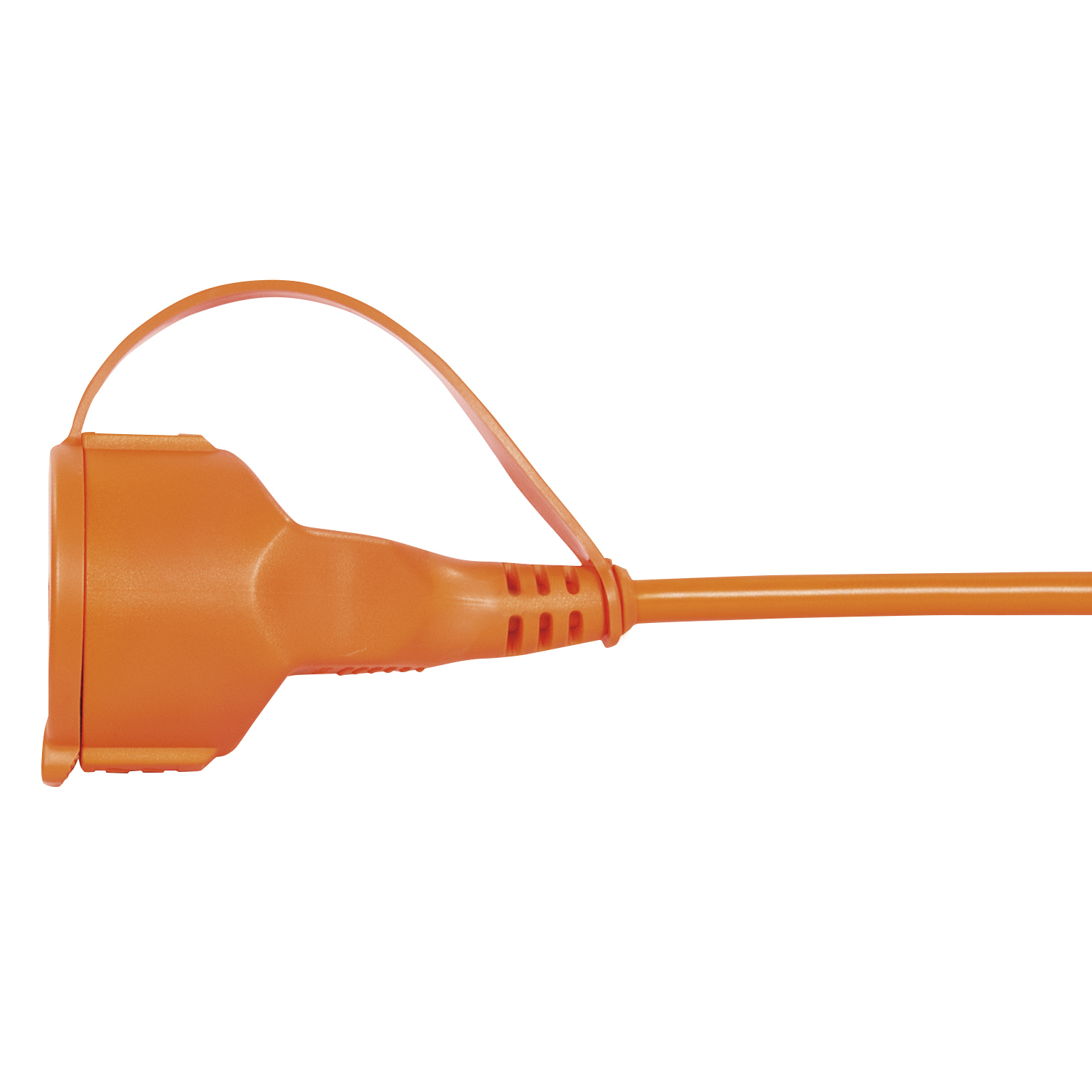 Oranger elektrischer Stecker mit Schlaufe. Der Stecker ist auf weißem Hintergrund.