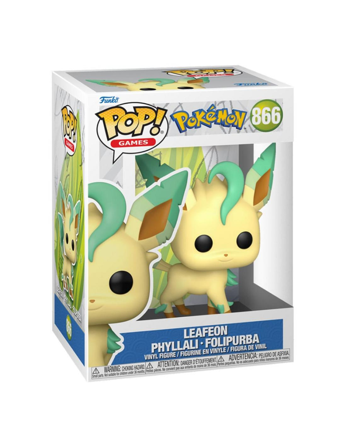 Una figura Funko Pop di Leafeon, un Pokémon, nella sua scatola originale.