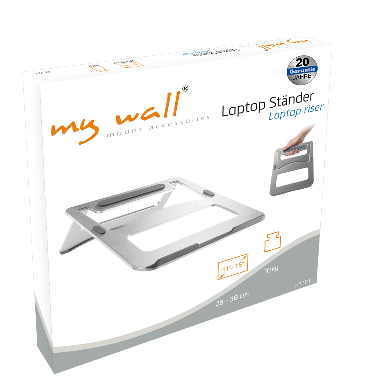 Laptopständer in einer Box, mit Grafik des Ständers und einer Hand, die ihn hält.