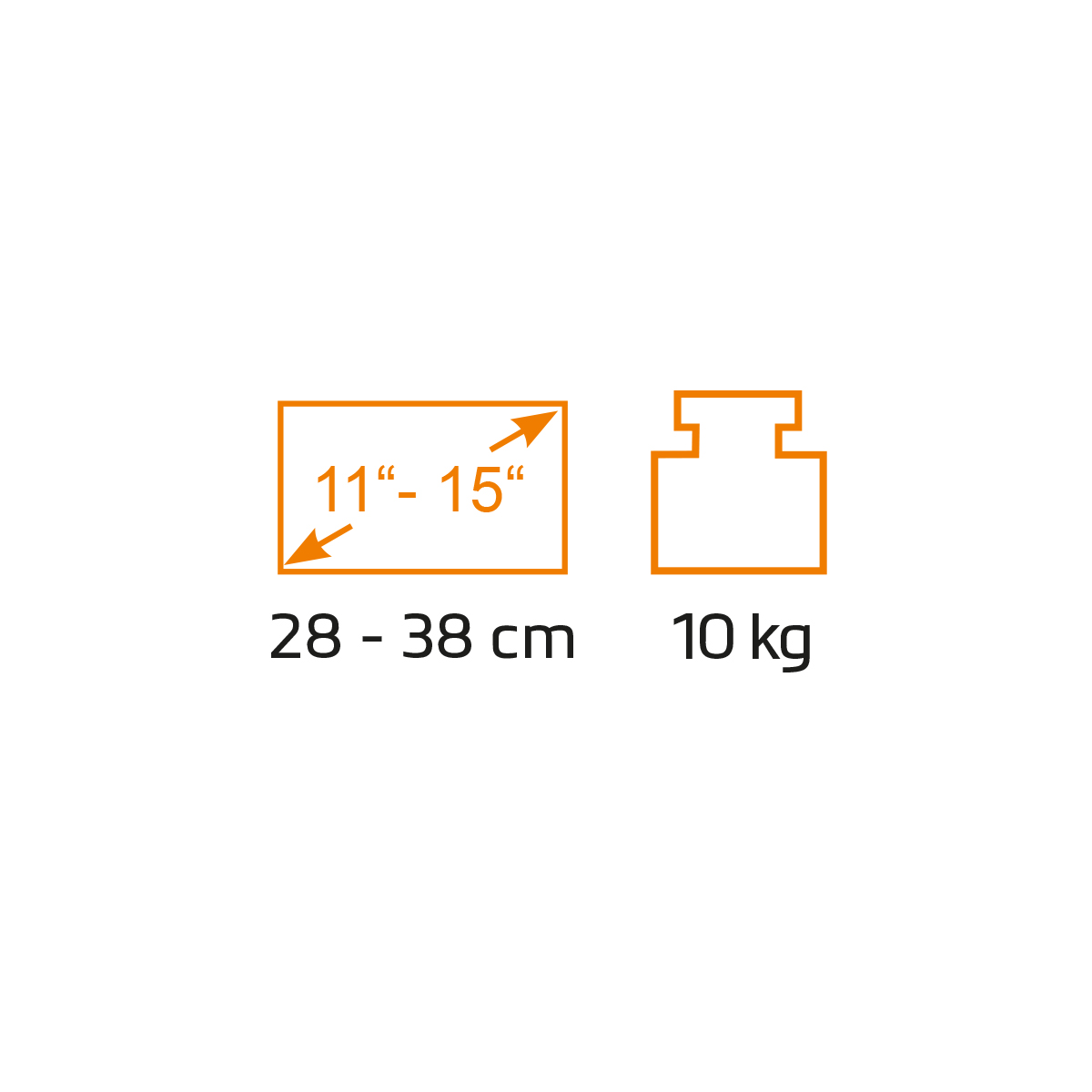 Ein orangefarbenes Rechteck zeigt Abmessungen. Ein kleineres Rechteck sagt 11-15 Zoll und eine Box sagt 10 kg.
