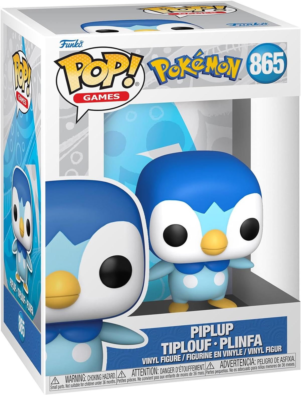 Eine Funko Pop Figur von Piplup aus Pokémon, in der Box.