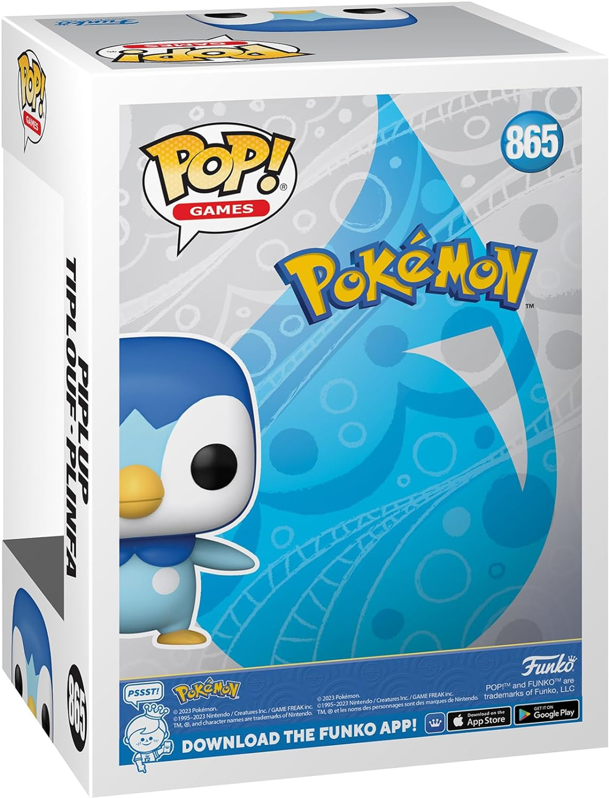 Funko Pop! Pokémon-Figurenbox mit Plinfa. Weiße Box mit blauen Akzenten und Charakterkunst.