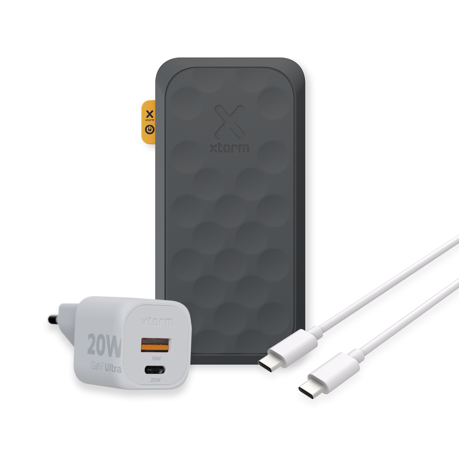 Eine schwarze und graue Powerbank und ein weißes Ladegerät mit Kabel. Alles auf schwarzem Grund.