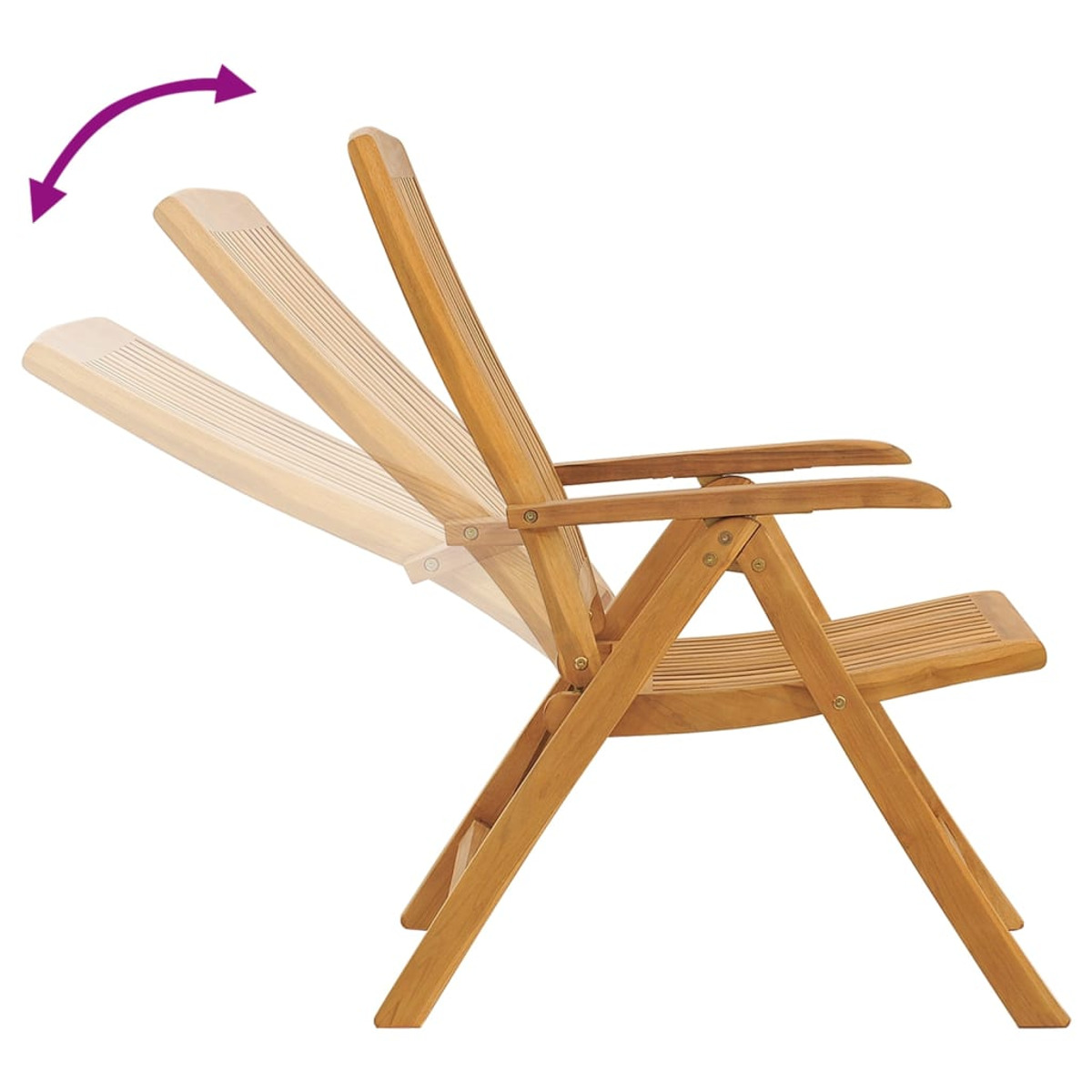Holzstuhl im Freien in leicht zurückgelehnter Position. Pfeil zeigt die Einstellung an.