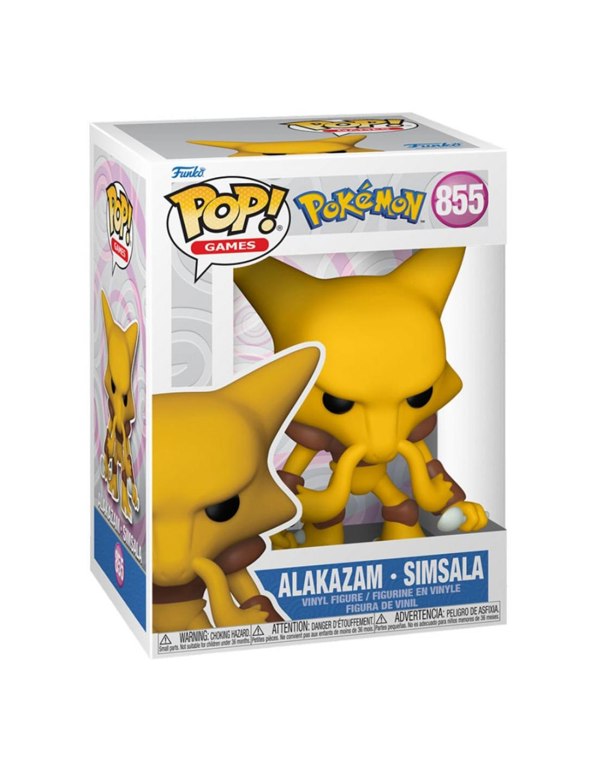 Alakazam Funko Pop Figur in einer Box. Gelbe Figur, weiße und rosa Box.