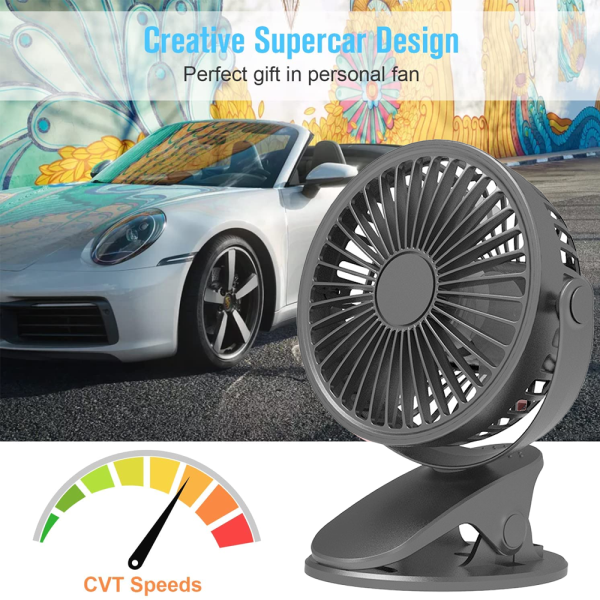 Schwarzer Ventilator mit Clip, Auto im Hintergrund und Geschwindigkeitsanzeige.