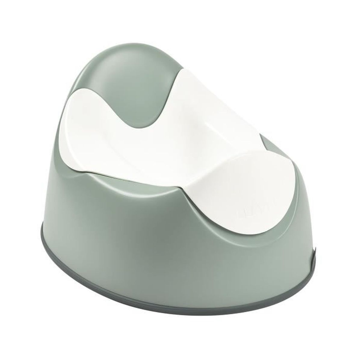 Grüne und weiße Baby-Töpfchen. Abgerundetes Design mit weißem Sitzbereich. Weißer Hintergrund.