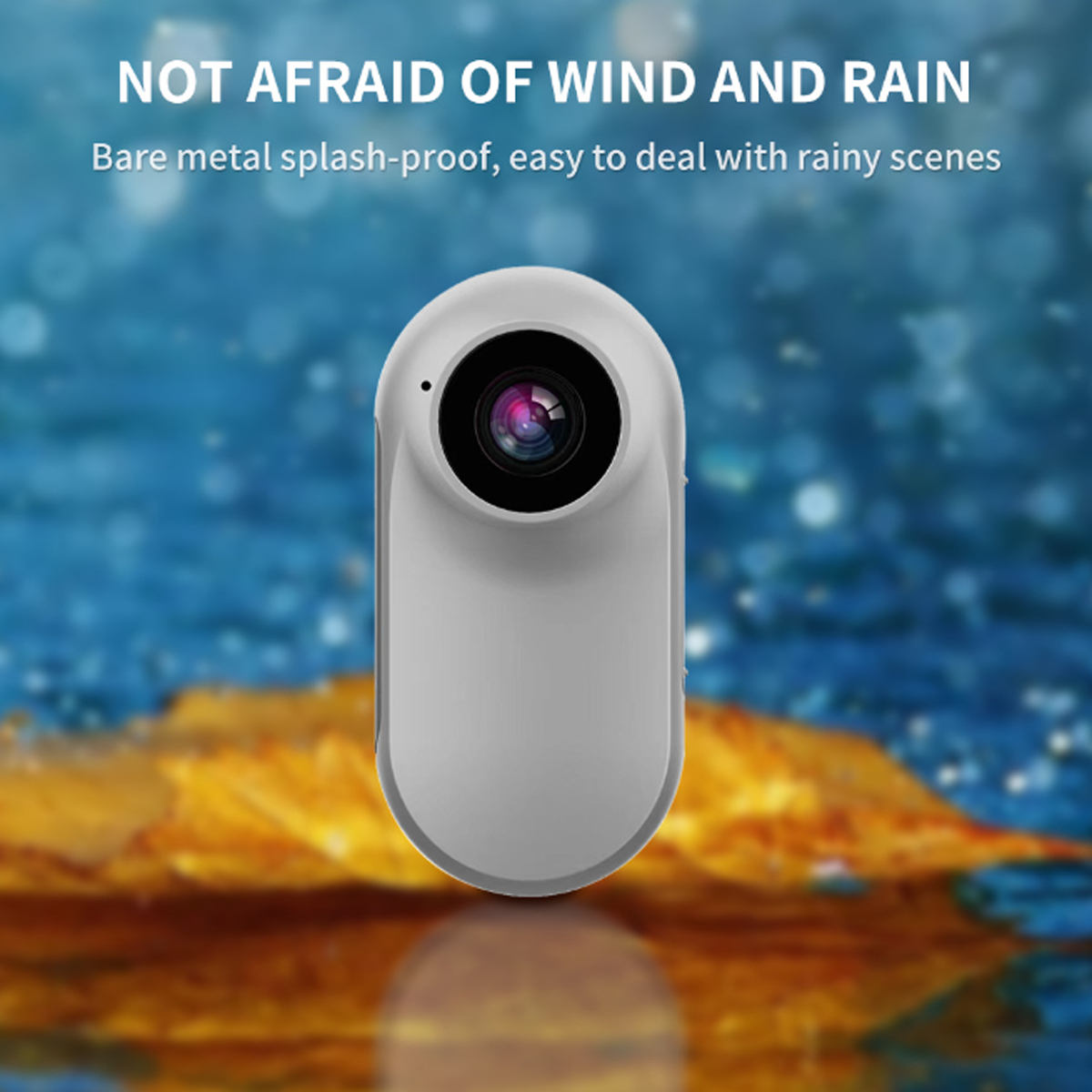 Weiße Action-Kamera. Text: Keine Angst vor Wind und Regen. Spritzwassergeschütztes Design.