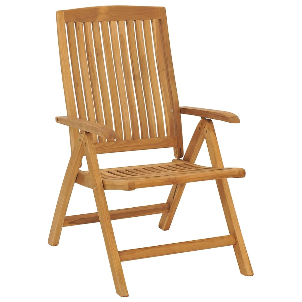 Klappstuhl aus Holz, geöffnet. Lattenrücken und -sitz, mit Armlehnen.