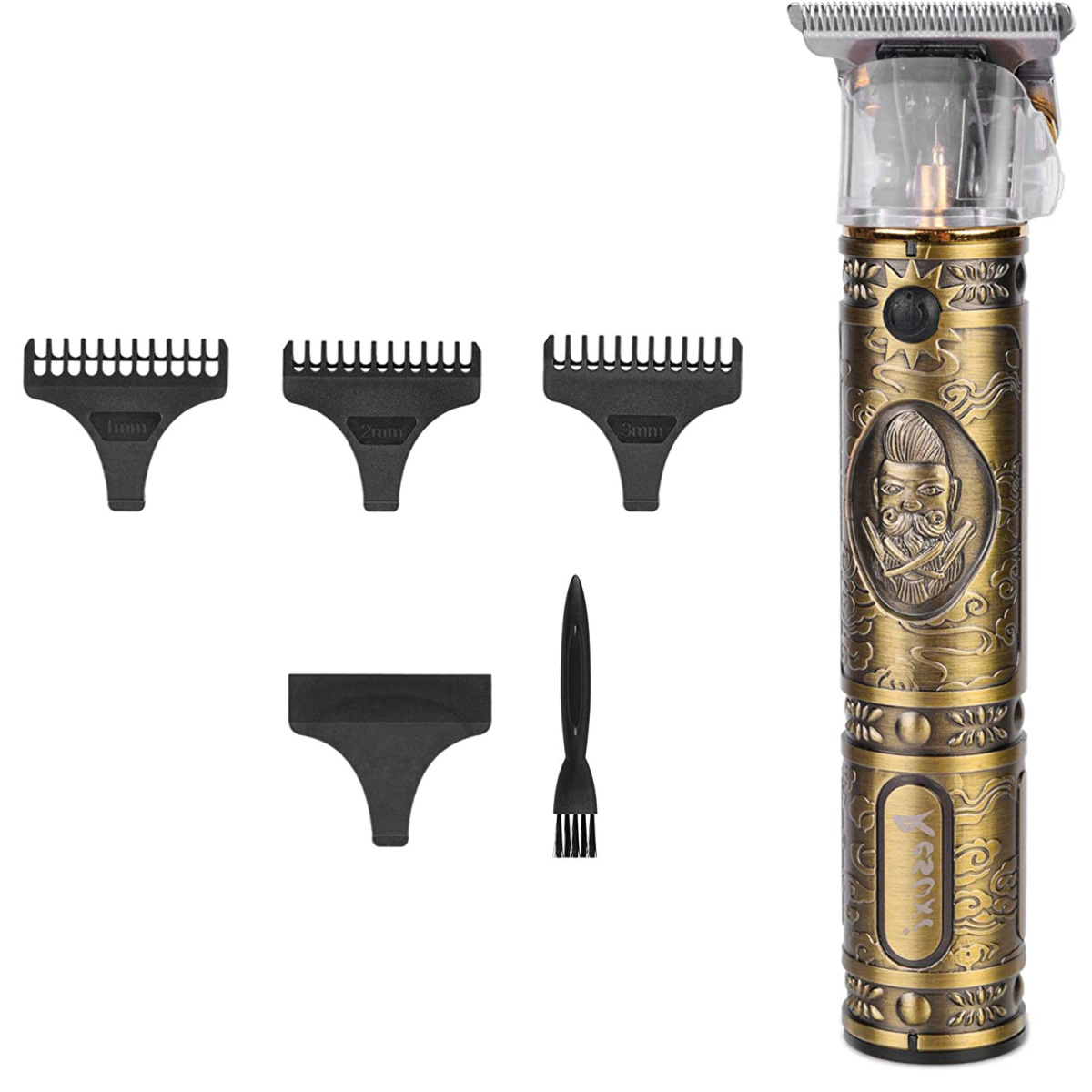 Ein goldfarbener Haarschneider mit drei Führungskämmen und anderem Zubehör.