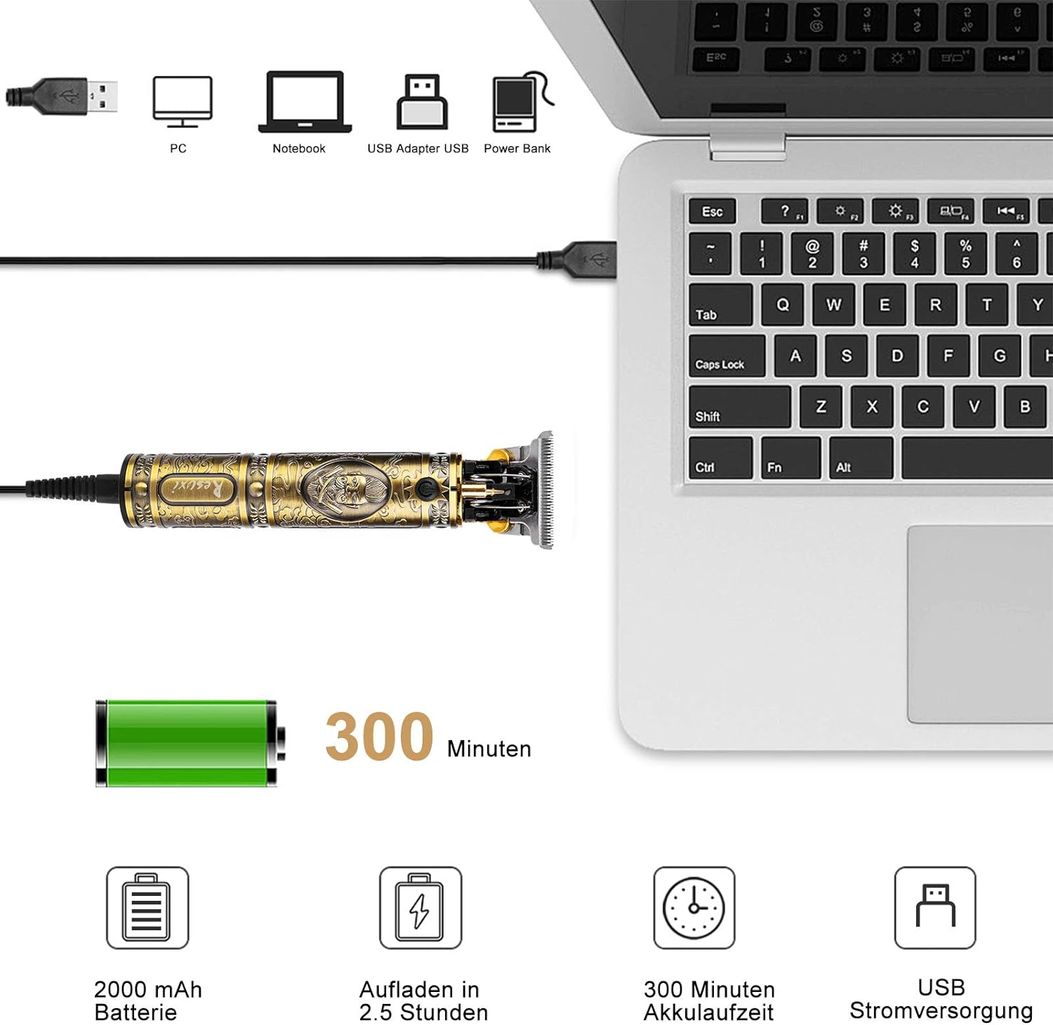 Laptop mit Clipper per USB verbunden. Zeigt Akkulaufzeit und Ladezeit.