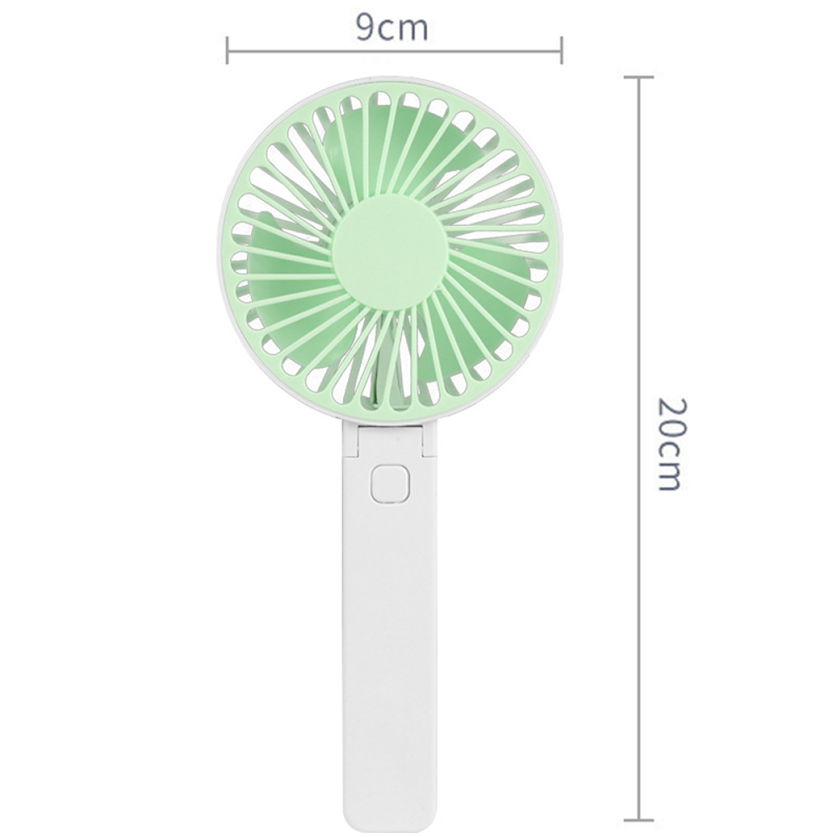 Ein kleiner, tragbarer Ventilator mit hellgrünen Blättern und einem weißen Griff. Abmessungen werden gezeigt.