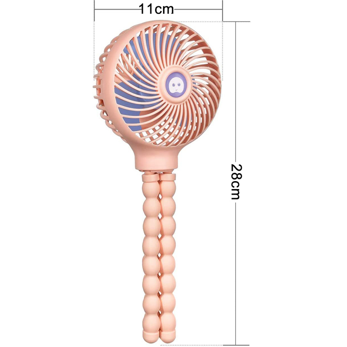 Ein rosa Handventilator mit flexiblem Ständer. Abmessungen sind beschriftet.