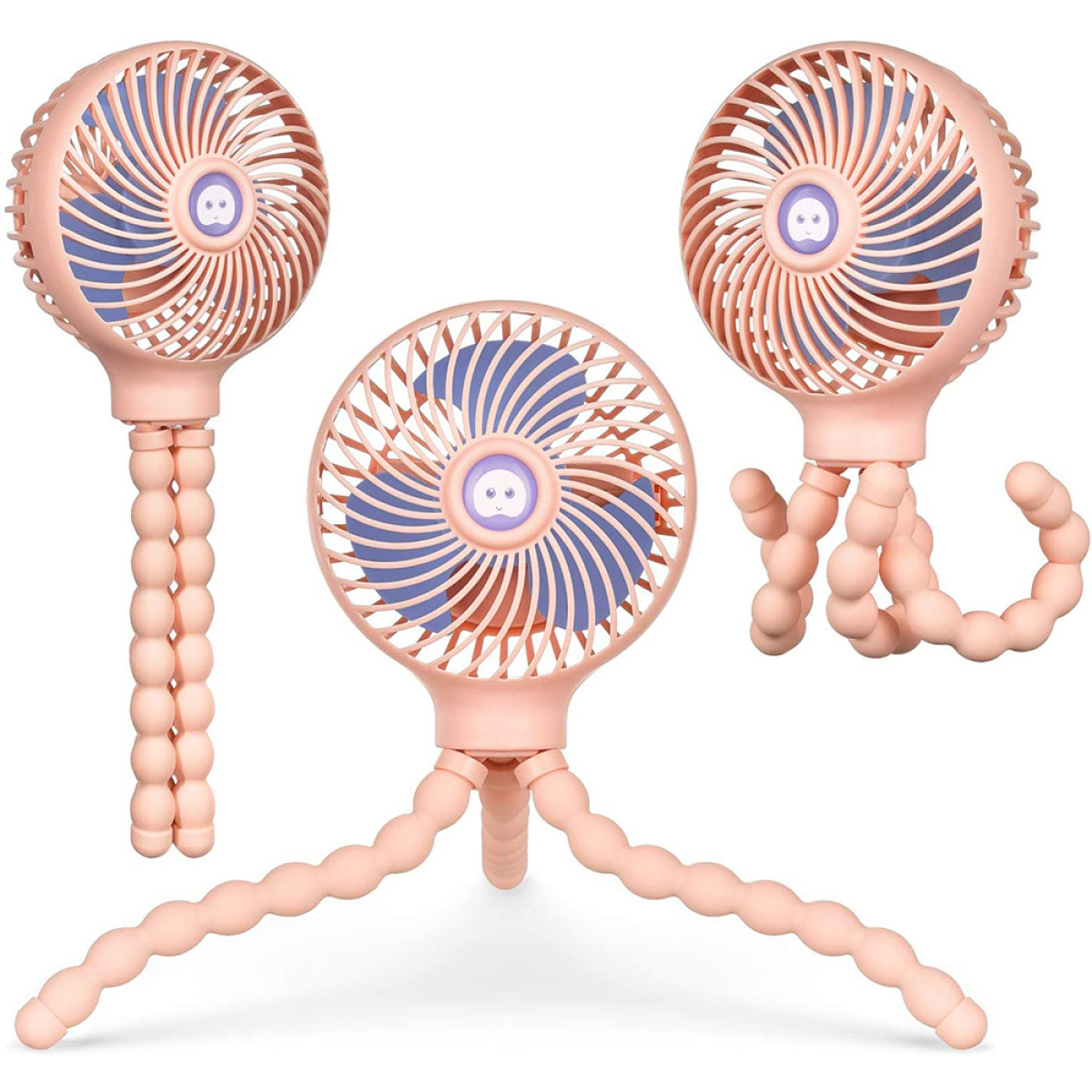 Drei rosa Ventilatoren mit flexiblen Beinen. Die Ventilatoren haben ein rosa und blaues Farbschema.