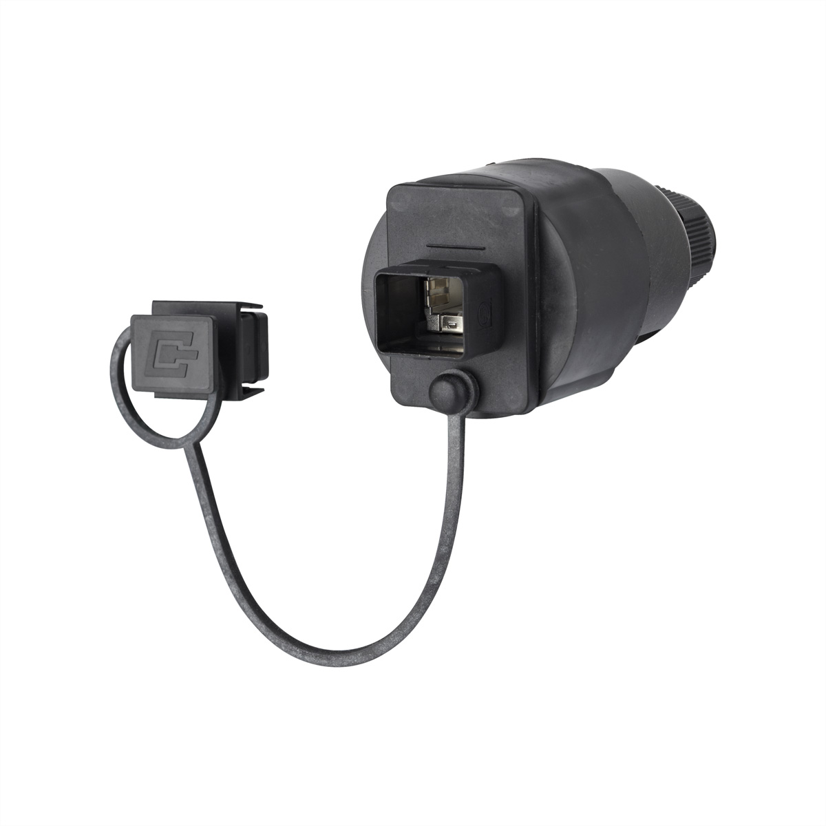 Prise de remorque noire et gris foncé, avec capuchon attaché par cordon, sur fond blanc.
