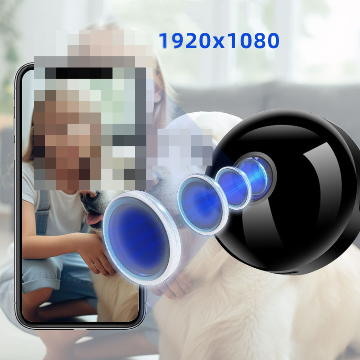 Ein Telefon mit Hund und Mädchen, ein Kameraobjektiv zeigt ein verschwommenes Bild, 1920x1080 Text.