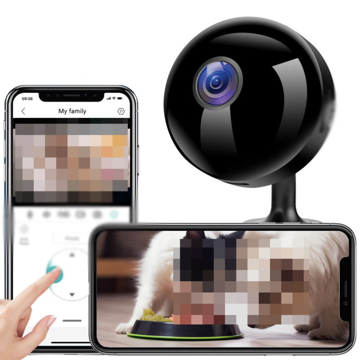 Smartphone mit Futternapf für Haustiere im Vordergrund und Überwachungskamera im Hintergrund.