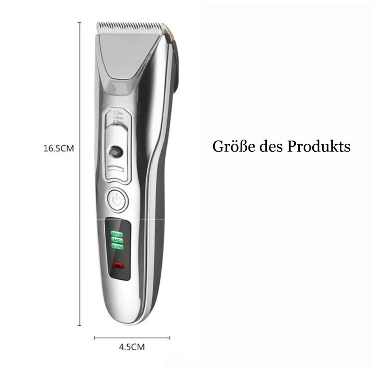 Ein silberner Haarschneider mit Größen- und Leistungsanzeigen, Abmessungen in Zentimetern.