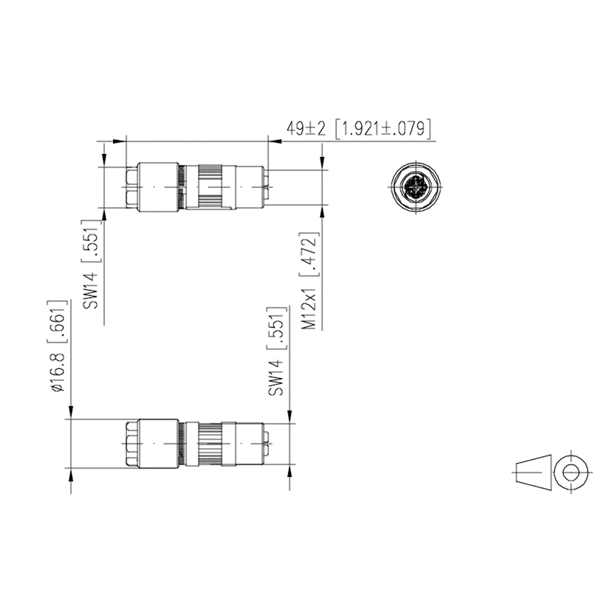 Dessin technique, diverses pièces de connecteur avec dimensions et mesures.