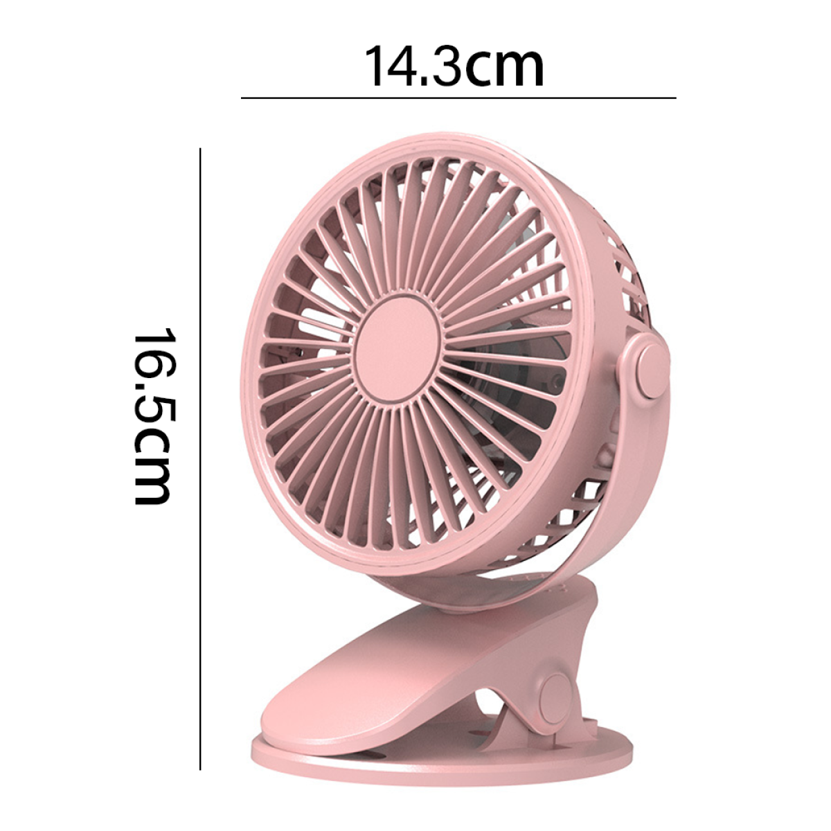 Rosa, runder Clip-on-Lüfter mit den Maßen 16,5 cm hoch und 14,3 cm breit.