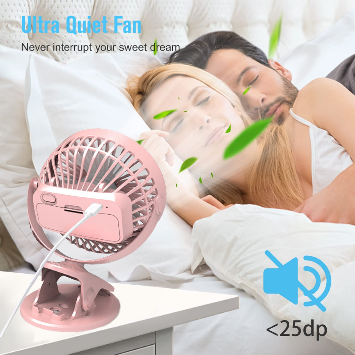 Rosa Ventilator auf Tisch. Schlafendes Paar im Bett. Text: 'Ultra Quiet Fan'.