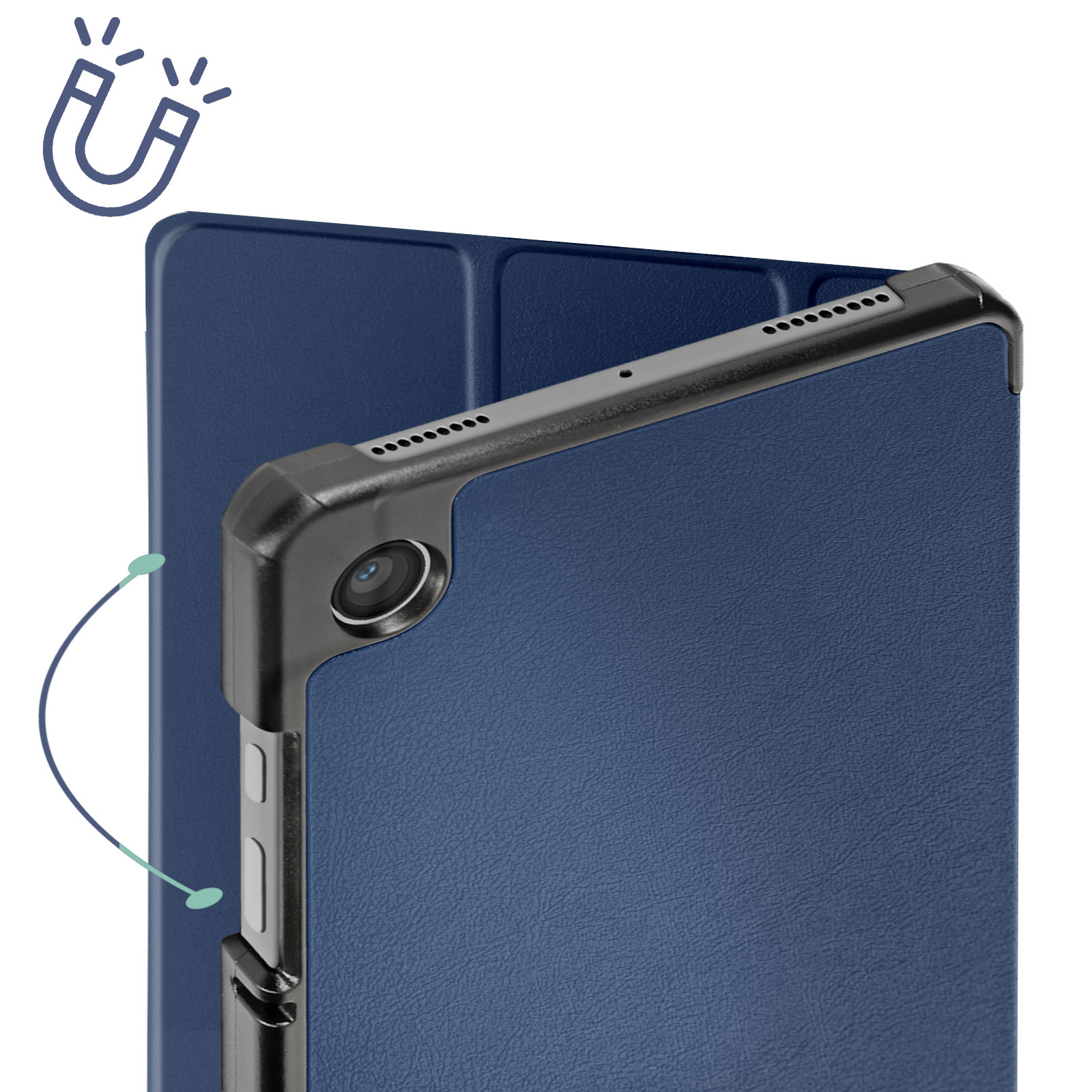 Custodia per tablet blu con ritaglio per la fotocamera. Cornice nera attorno al tablet.