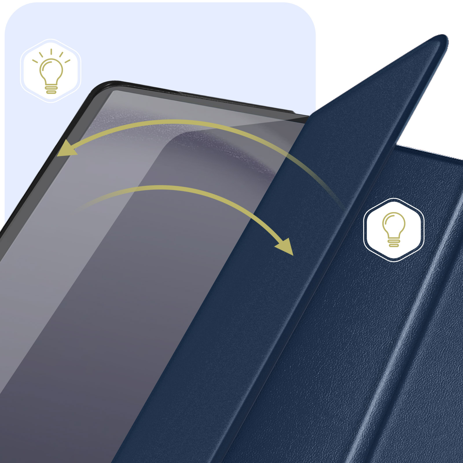 Custodia per tablet blu scuro con coperchio protettivo aperto, che mostra lo schermo.