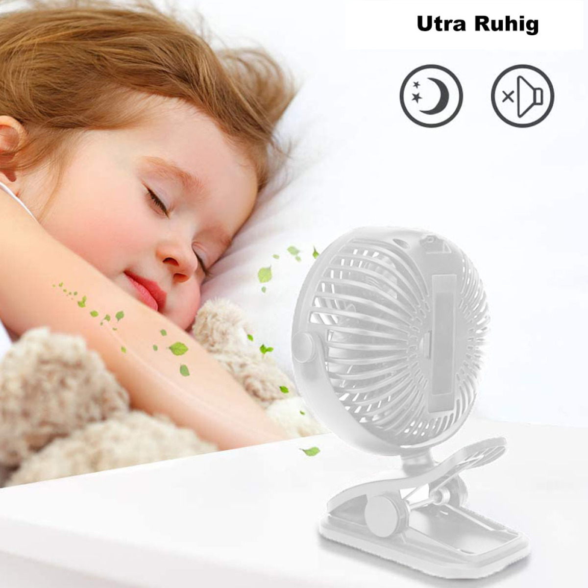 Ein schlafendes Kind mit einem kleinen Ventilator, der Luft bläst, mit Symbolen für Ruhe und Schlaf.