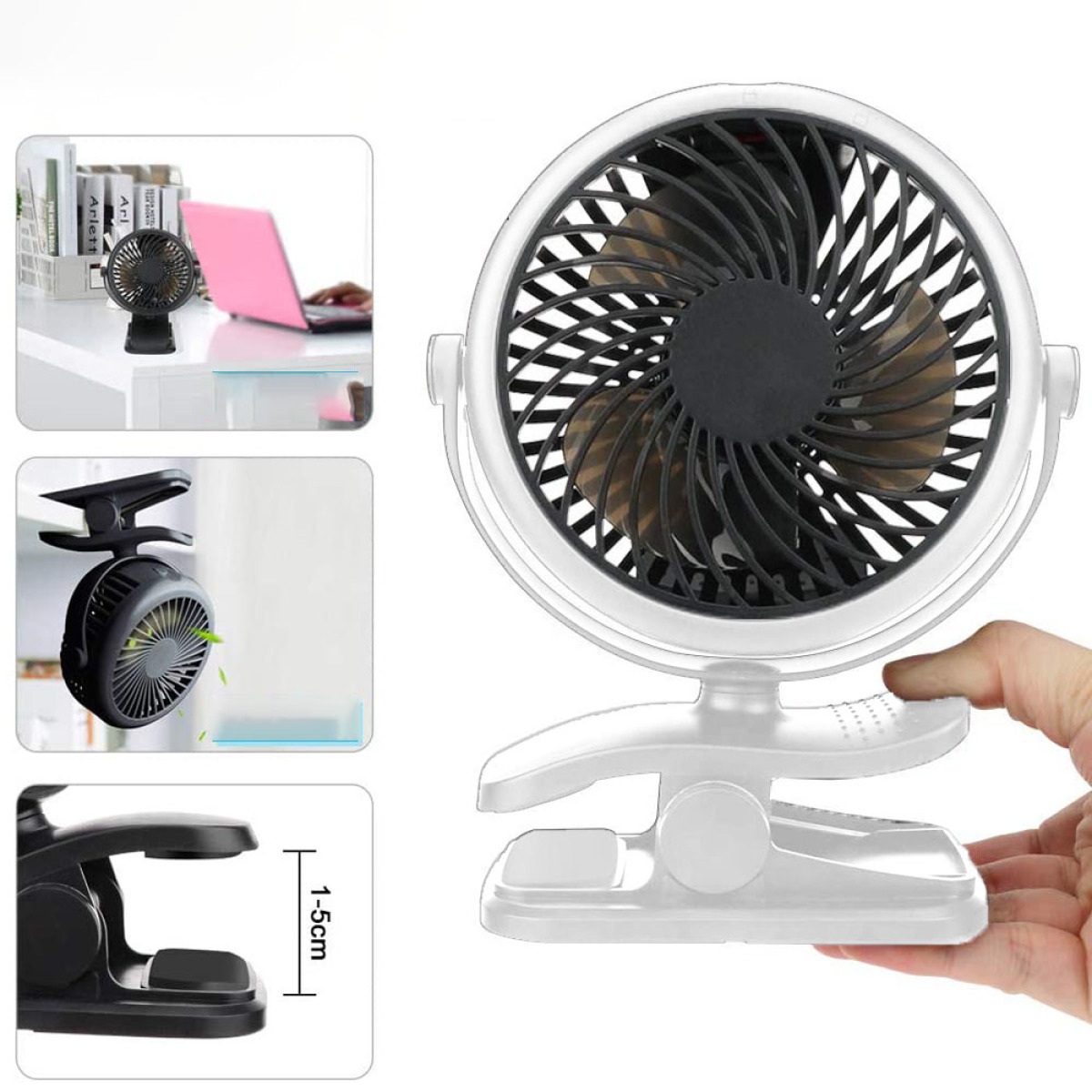 Weiß-schwarzer Ventilator mit Clip. Mehrere Ansichten: auf dem Schreibtisch, an Objekt befestigt, und Clip Detail.