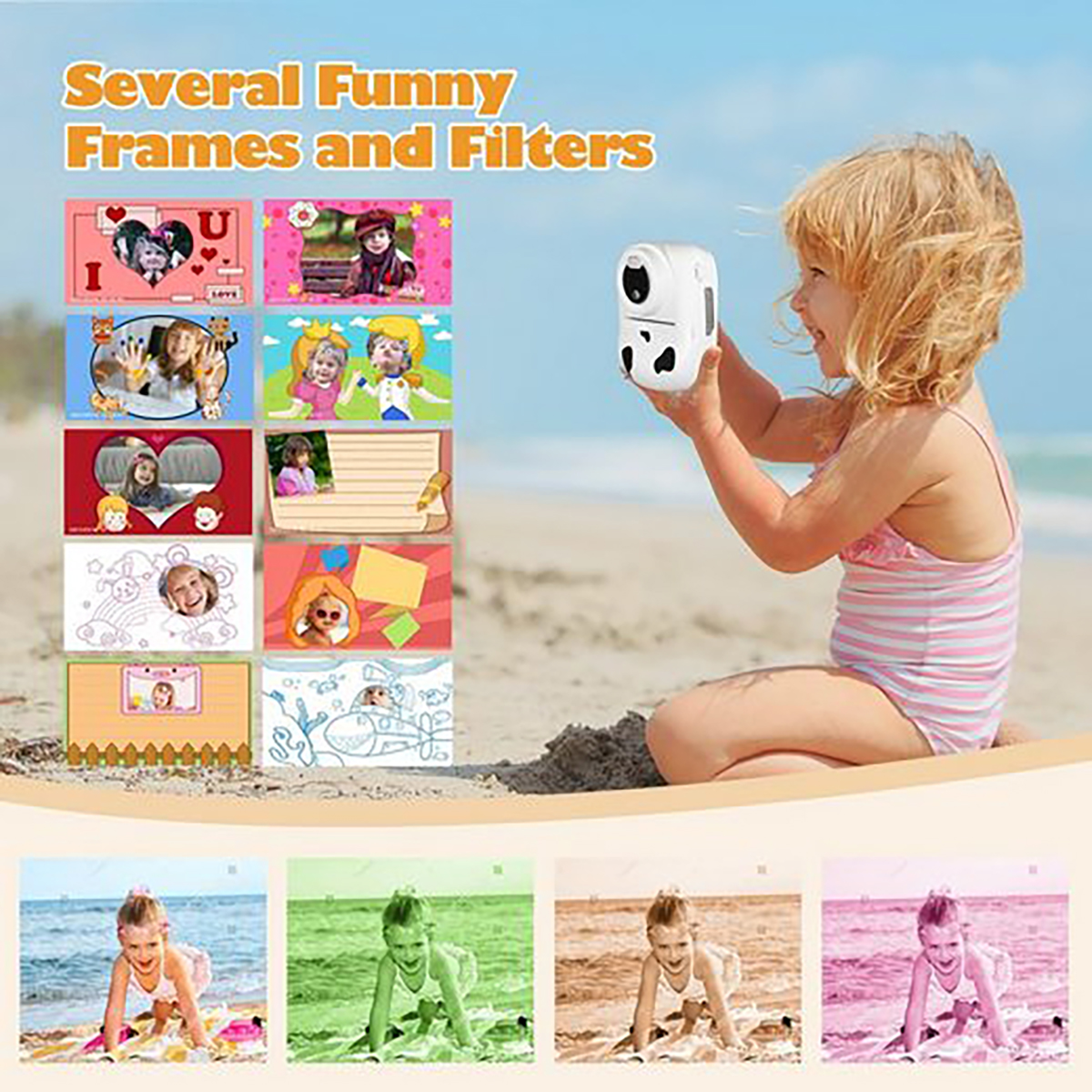 Una niña sosteniendo una cámara blanca con varios marcos de fotos en la playa.